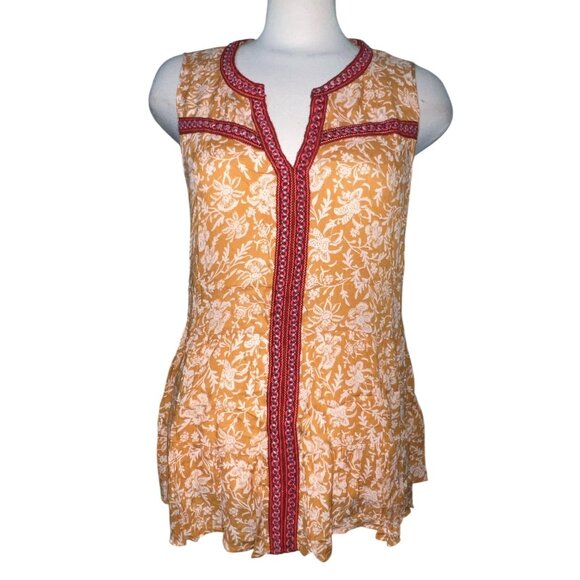 Democracy Sleeveless Boho Floral Top With Red Embroidery Trim Sz Large Womens - Picture 1 of 10